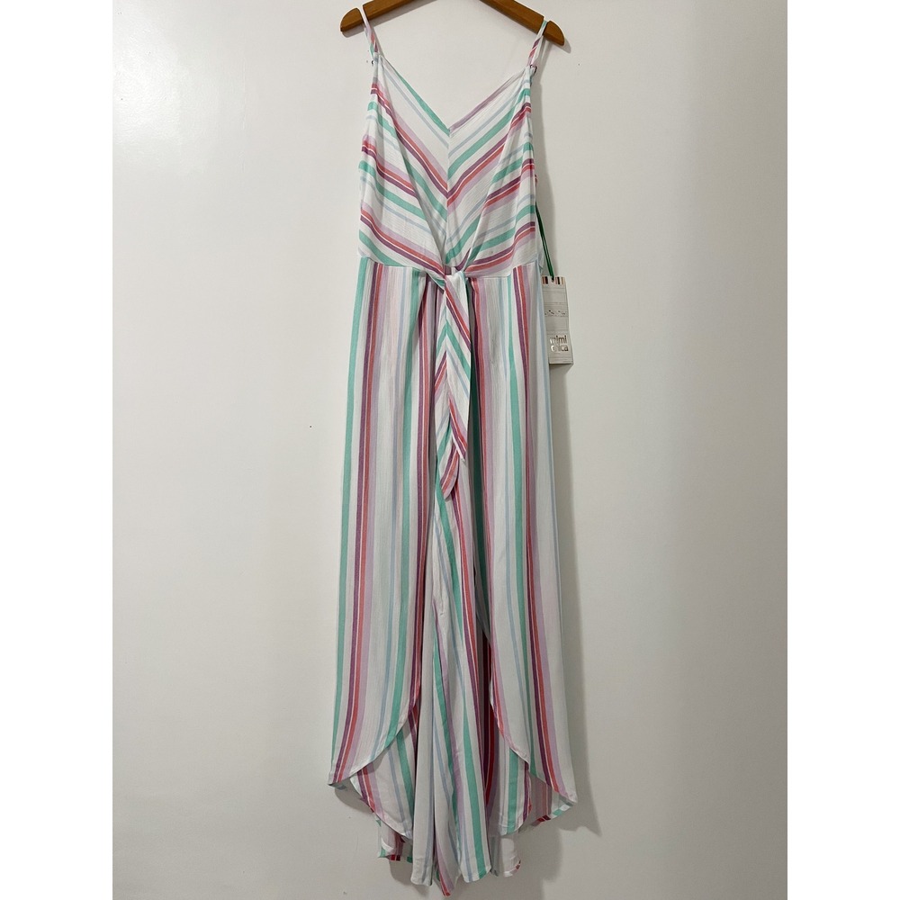 Mimi Chica Striped Wide Leg Jumpsuit Womens Large NWT Multi Color Tie Front Slit